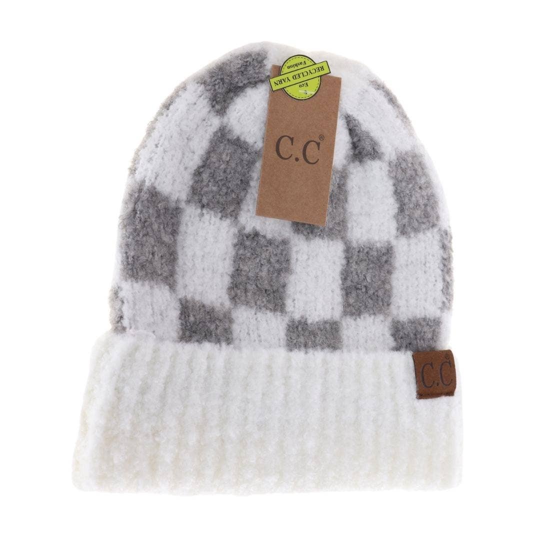 Boucle Checkered Patterned C.C Beanie - The Bronze Butterfly