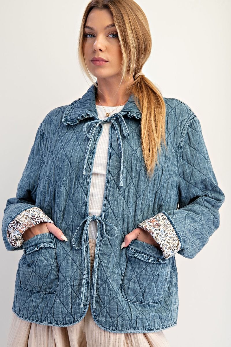 Bow Front Quilted Denim Jacket - The Bronze Butterfly