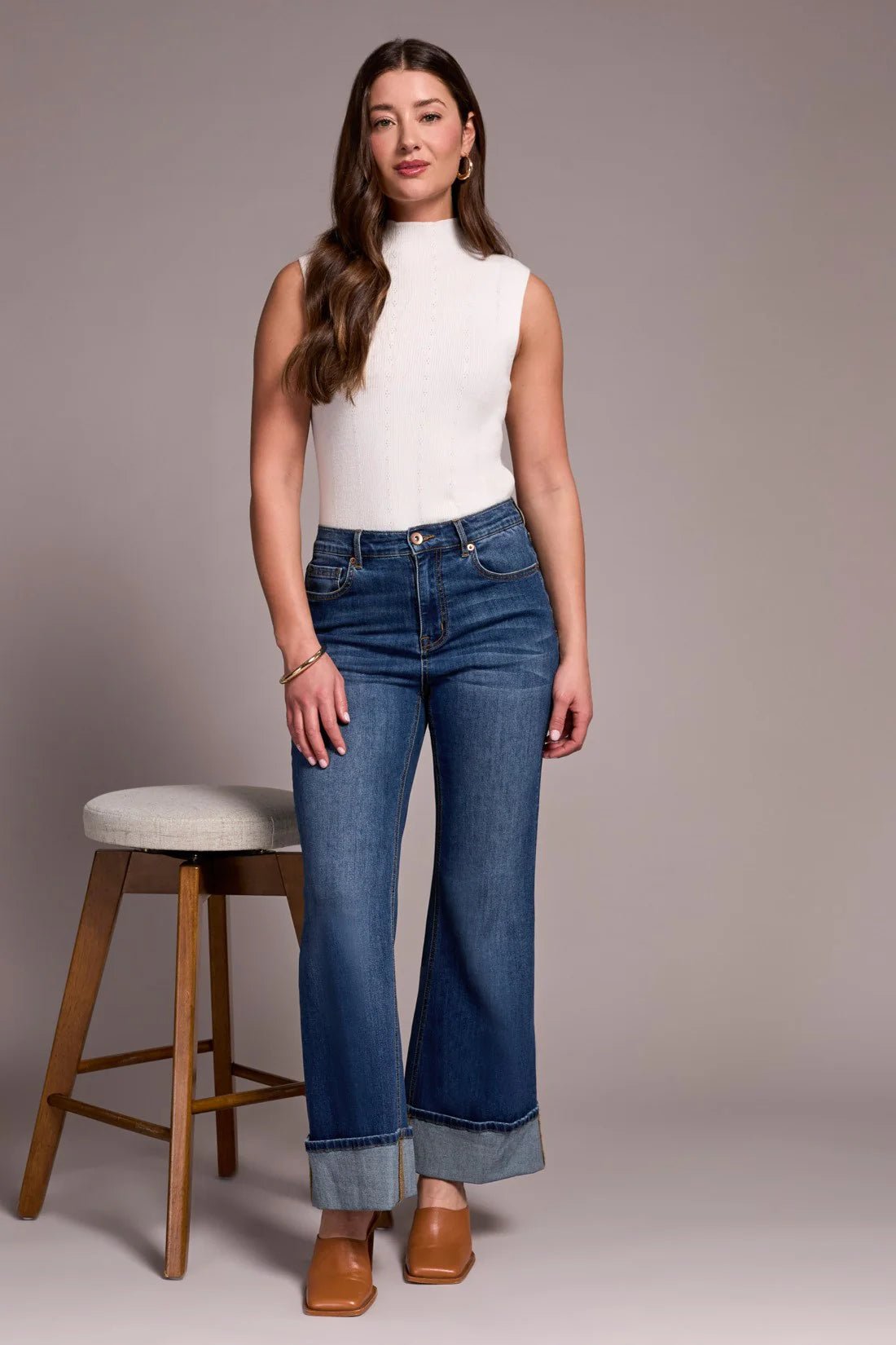 BROOKE PALAZZO JEANS W/ CUFFS - ANTIQUEBLUE - The Bronze Butterfly