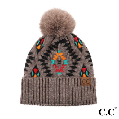 C.C Aztec Pattern Hat With Soft Faux Fur Pom - The Bronze Butterfly