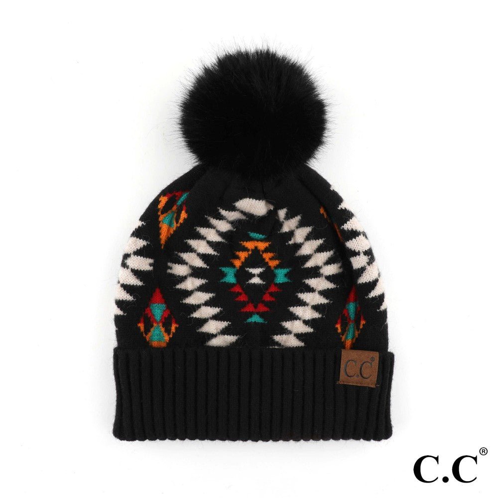 C.C Aztec Pattern Hat With Soft Faux Fur Pom - The Bronze Butterfly