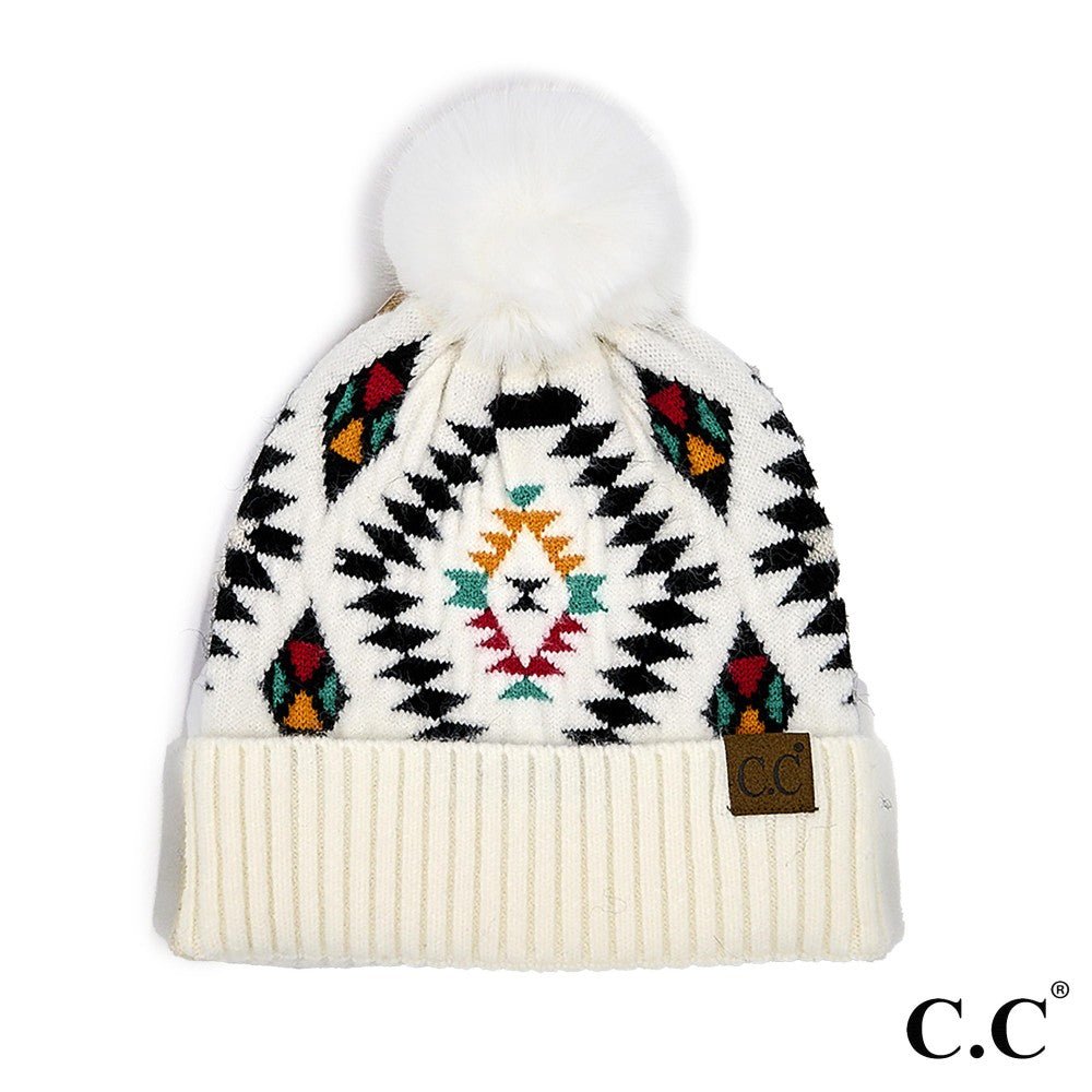 C.C Aztec Pattern Hat With Soft Faux Fur Pom - The Bronze Butterfly