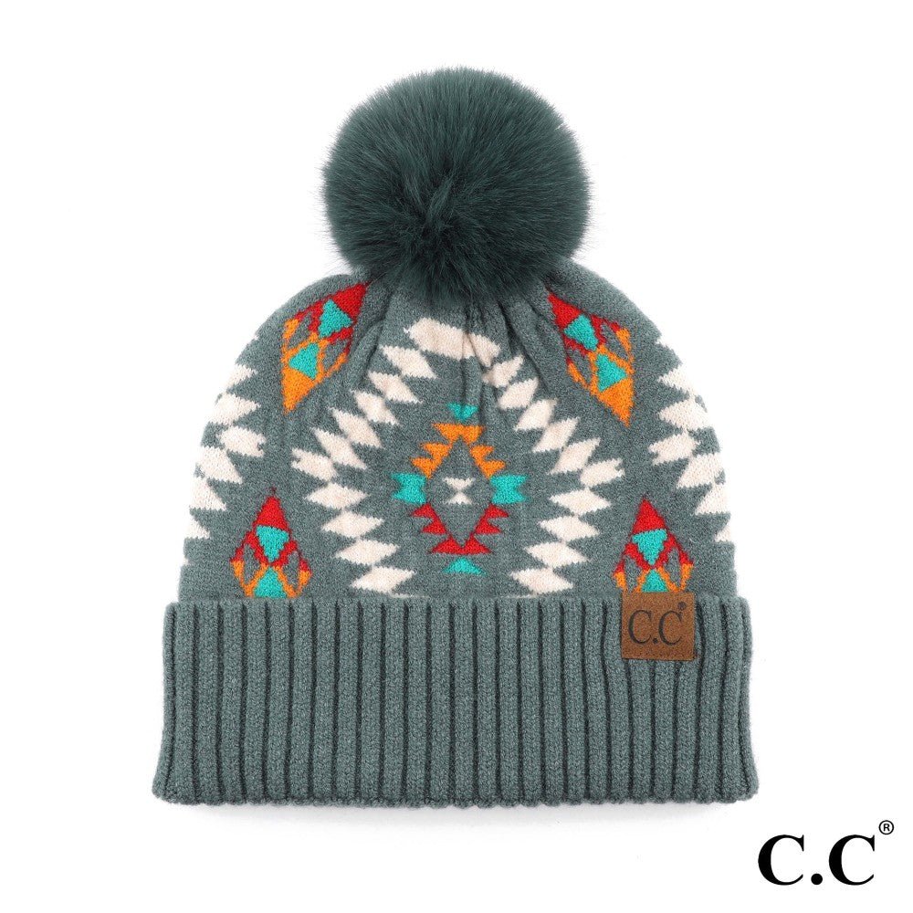 C.C Aztec Pattern Hat With Soft Faux Fur Pom - The Bronze Butterfly