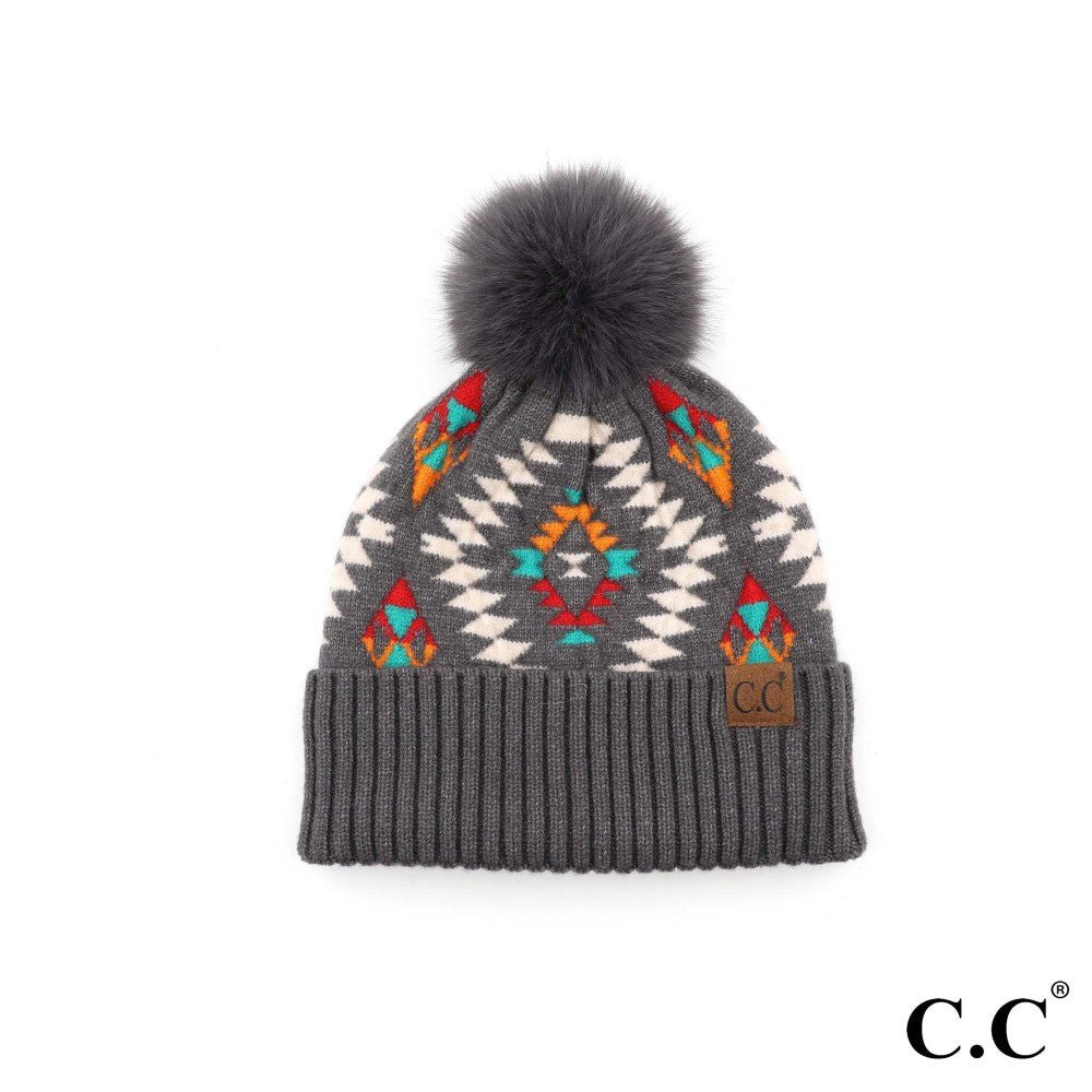 C.C Aztec Pattern Hat With Soft Faux Fur Pom - The Bronze Butterfly