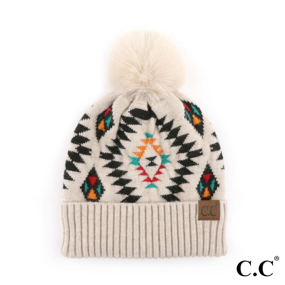 C.C Aztec Pattern Hat With Soft Faux Fur Pom - The Bronze Butterfly