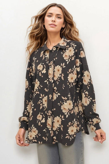 Charcoal Ribbed Button Down Blouse - The Bronze Butterfly