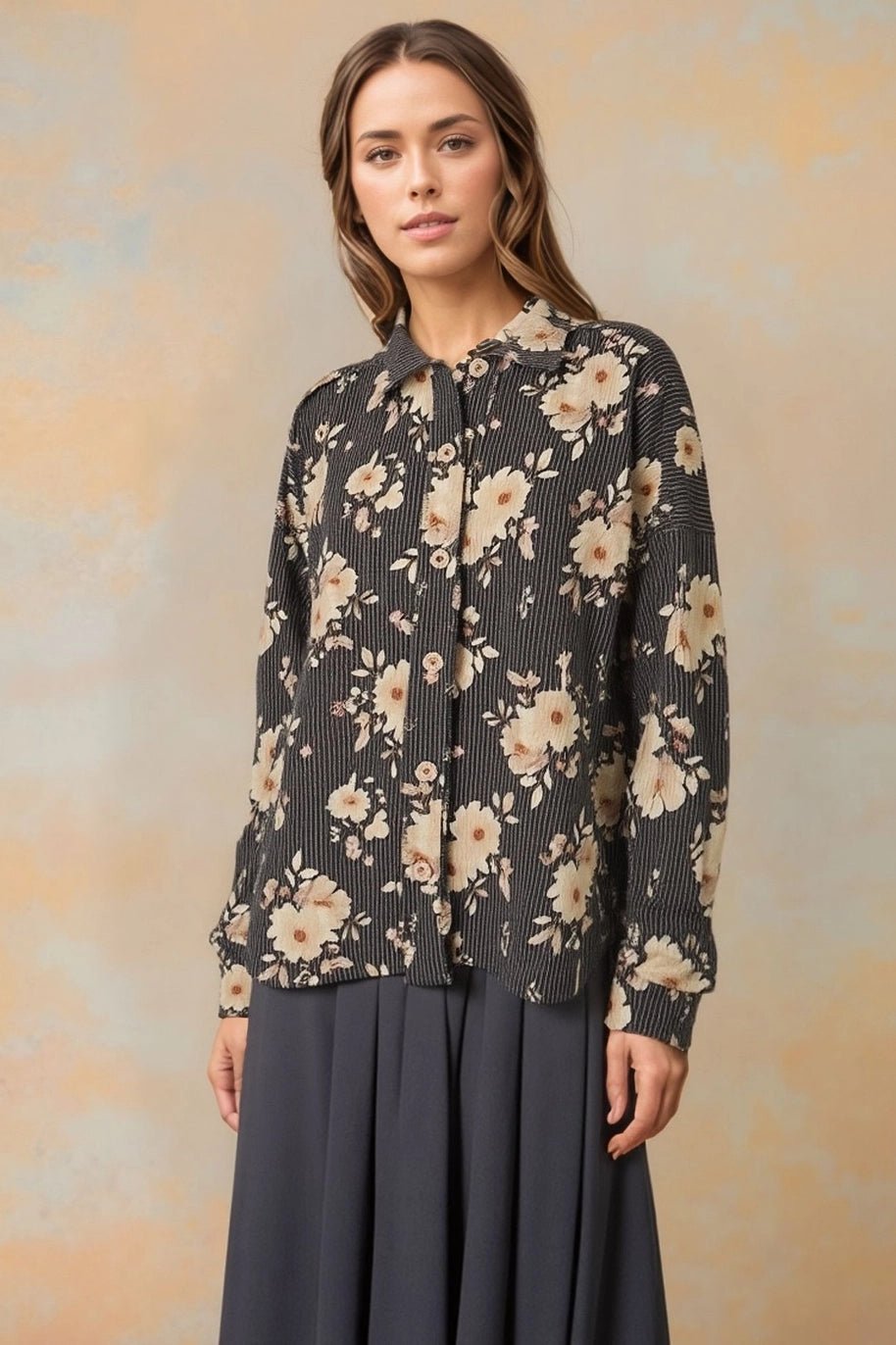 Charcoal Ribbed Button Down Blouse - The Bronze Butterfly