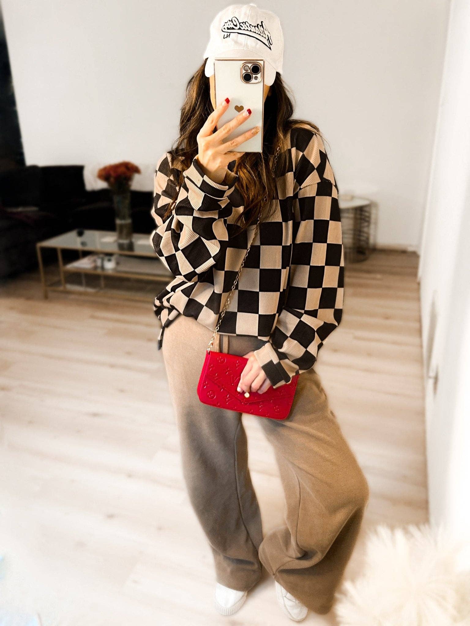 Checkered Corded Crew Sweater Set - The Bronze Butterfly