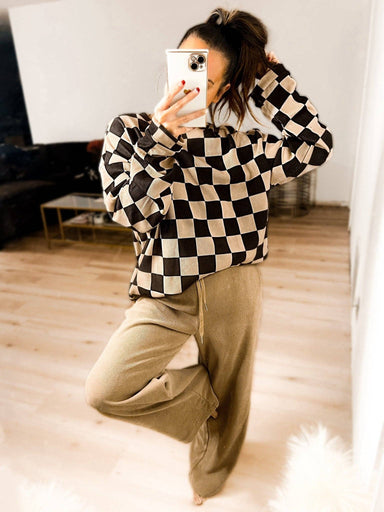 Checkered Corded Crew Sweater Set - The Bronze Butterfly