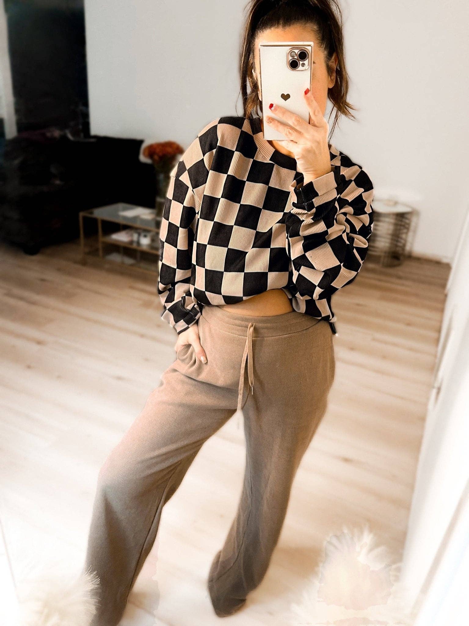 Checkered Corded Crew Sweater Set - The Bronze Butterfly
