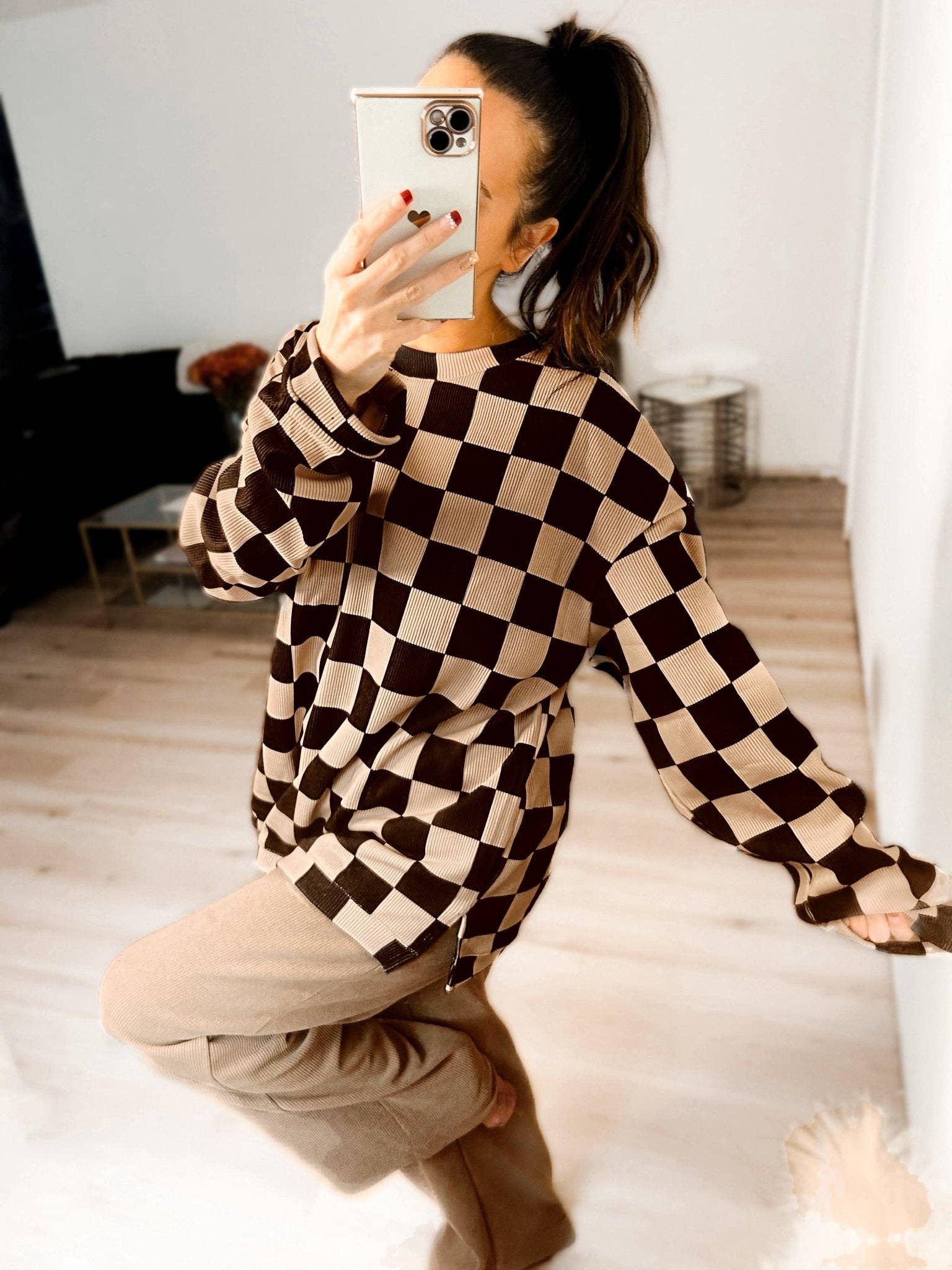 Checkered Corded Crew Sweater Set - The Bronze Butterfly