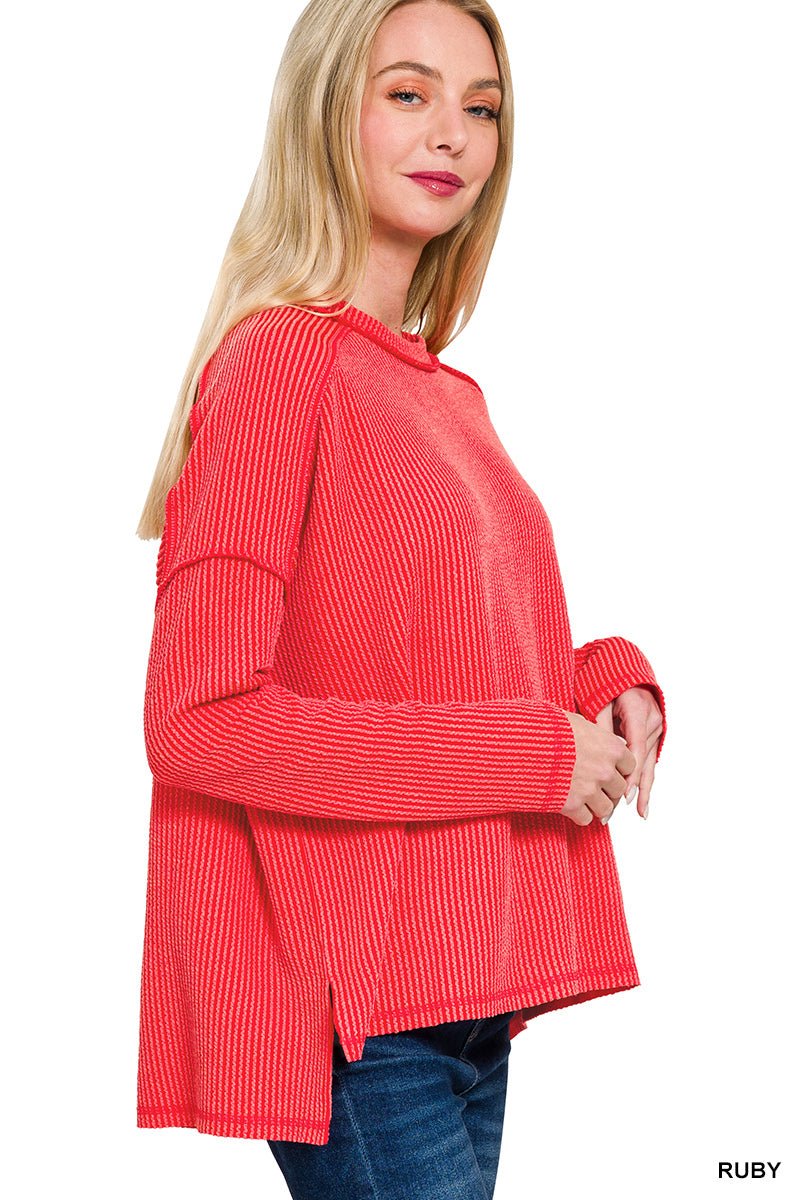 Corded Rib Raw Edge Long Sleeve Top - The Bronze Butterfly