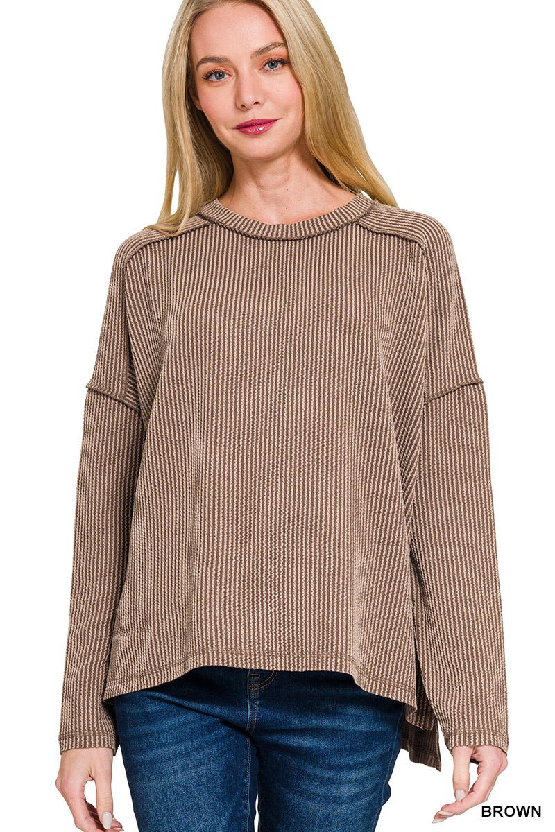 Corded Rib Raw Edge Long Sleeve Top - The Bronze Butterfly