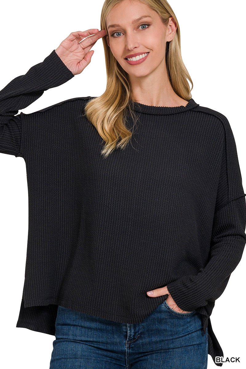 Corded Rib Raw Edge Long Sleeve Top - The Bronze Butterfly