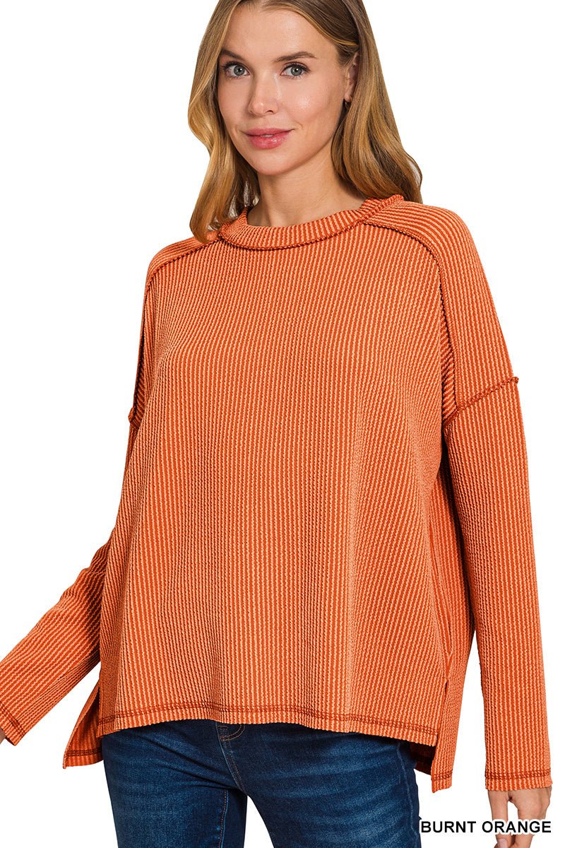 Corded Rib Raw Edge Long Sleeve Top - The Bronze Butterfly