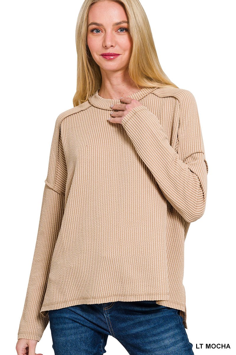 Corded Rib Raw Edge Long Sleeve Top - The Bronze Butterfly