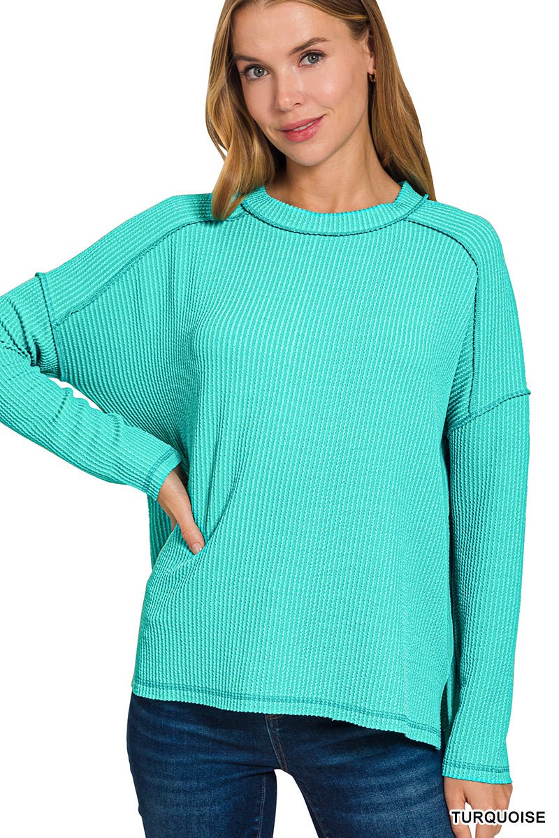 Corded Rib Corded Rib Raw Edge Long Sleeve Top — The Bronze Butterfly