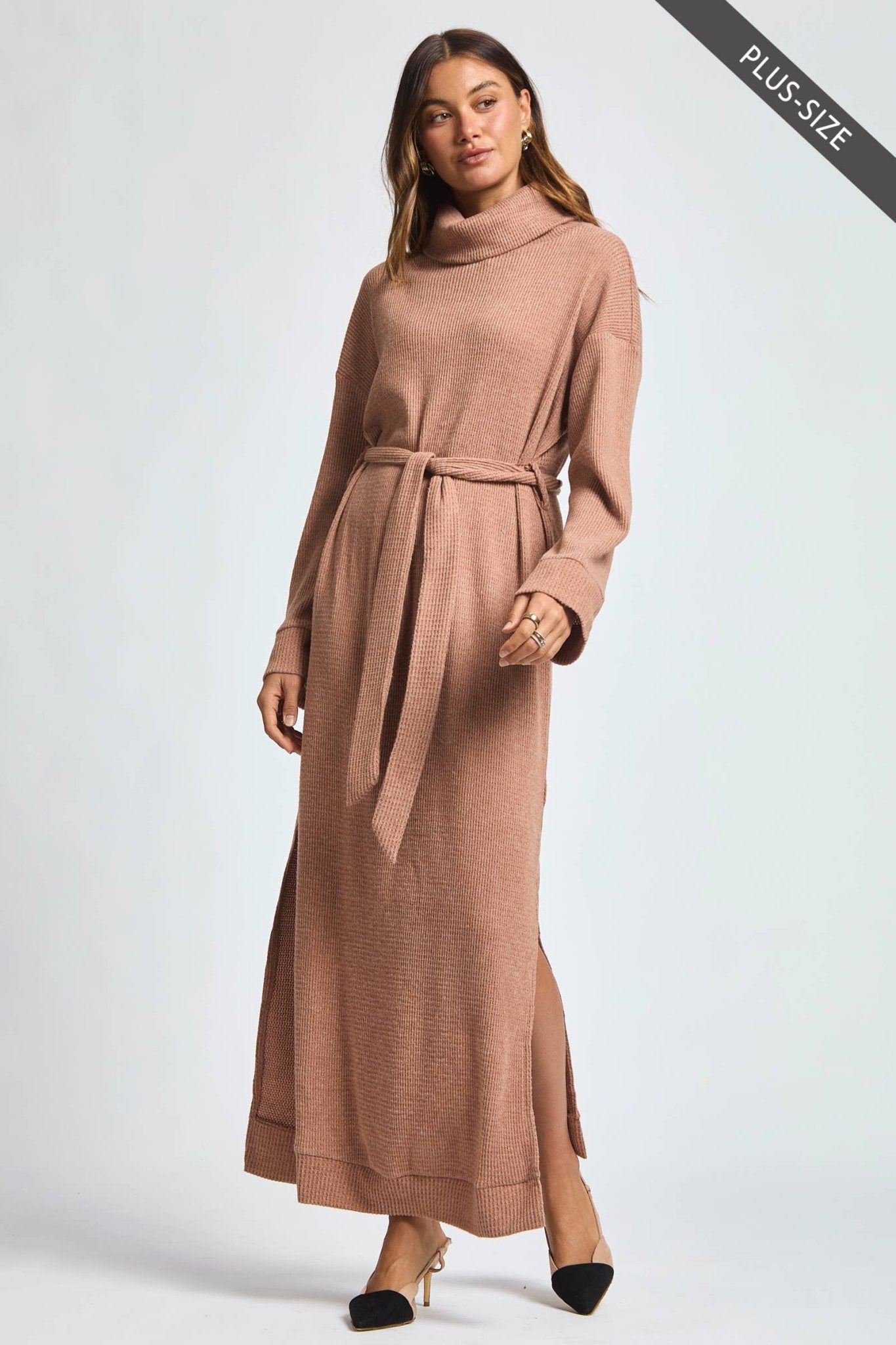 Cowl Neck Waist Tie Maxi Dress Plus Size - The Bronze Butterfly
