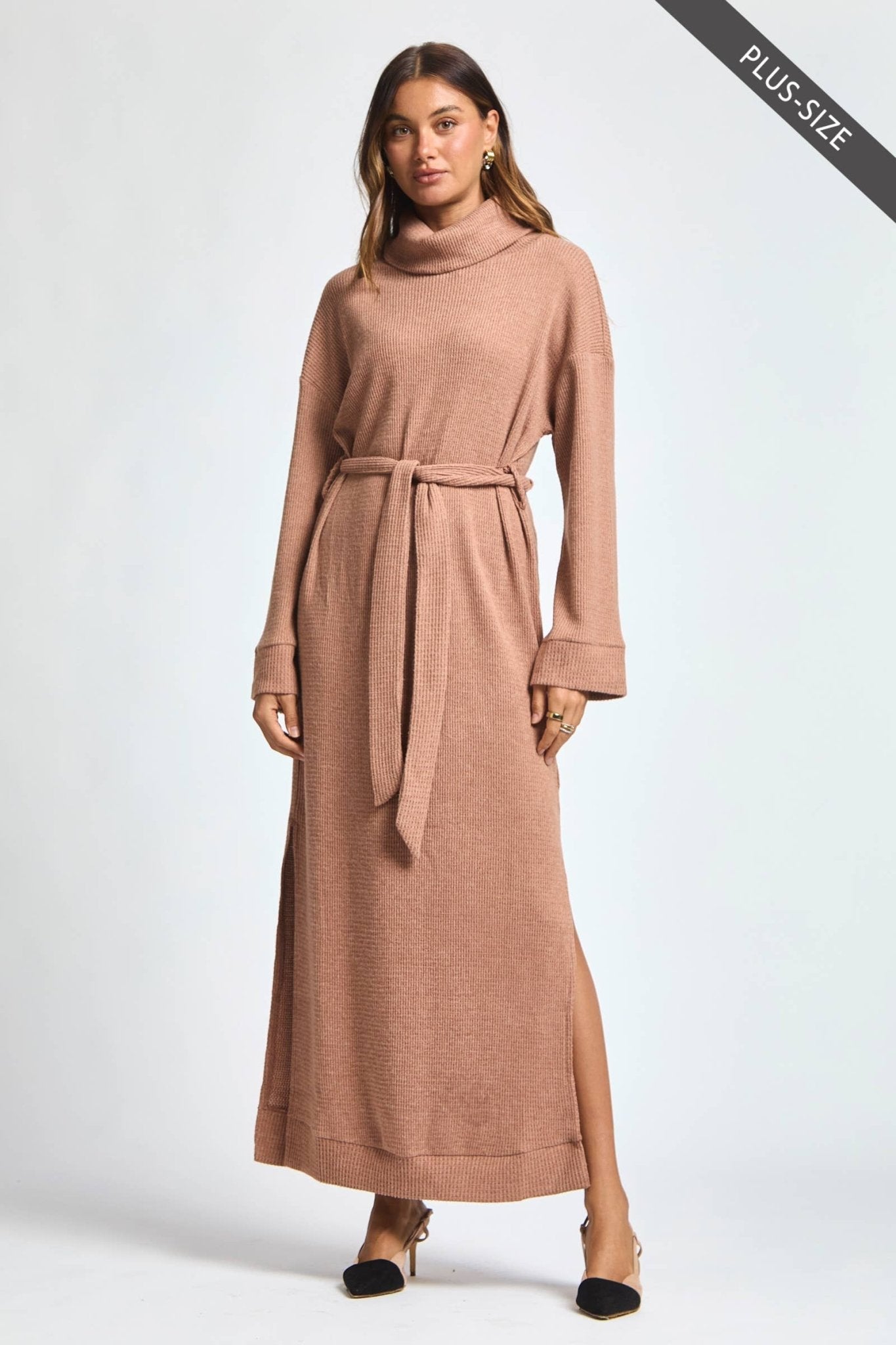 Cowl Neck Waist Tie Maxi Dress Plus Size - The Bronze Butterfly