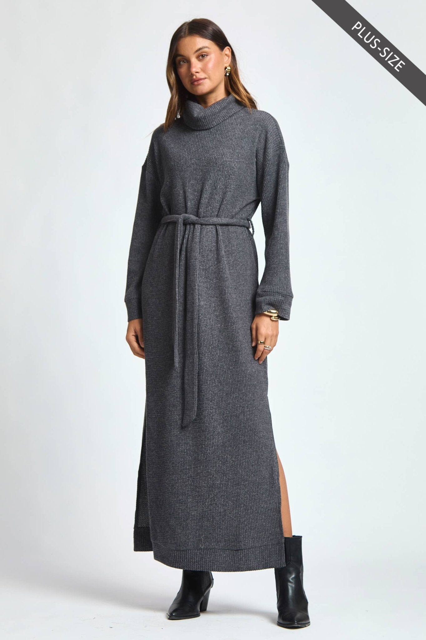 Cowl Neck Waist Tie Maxi Dress Plus Size - The Bronze Butterfly