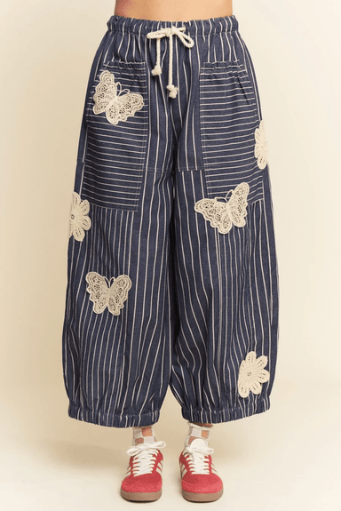 Crochet Applique Striped Barrel Pants - The Bronze Butterfly