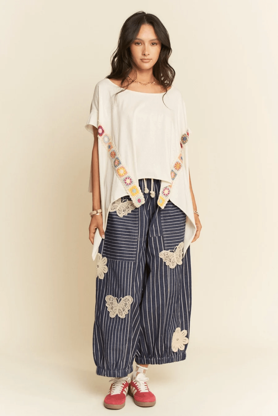 Crochet Applique Striped Barrel Pants - The Bronze Butterfly