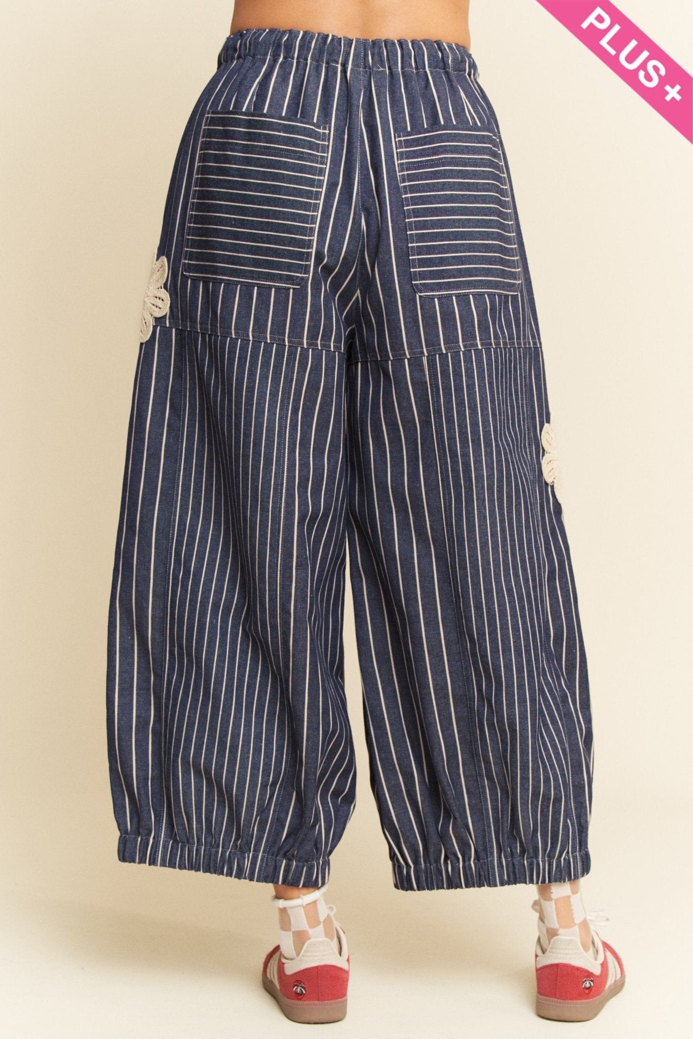 Crochet Applique Striped Barrel Pants - Plus - The Bronze Butterfly