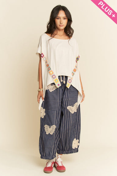 Crochet Applique Striped Barrel Pants - Plus - The Bronze Butterfly