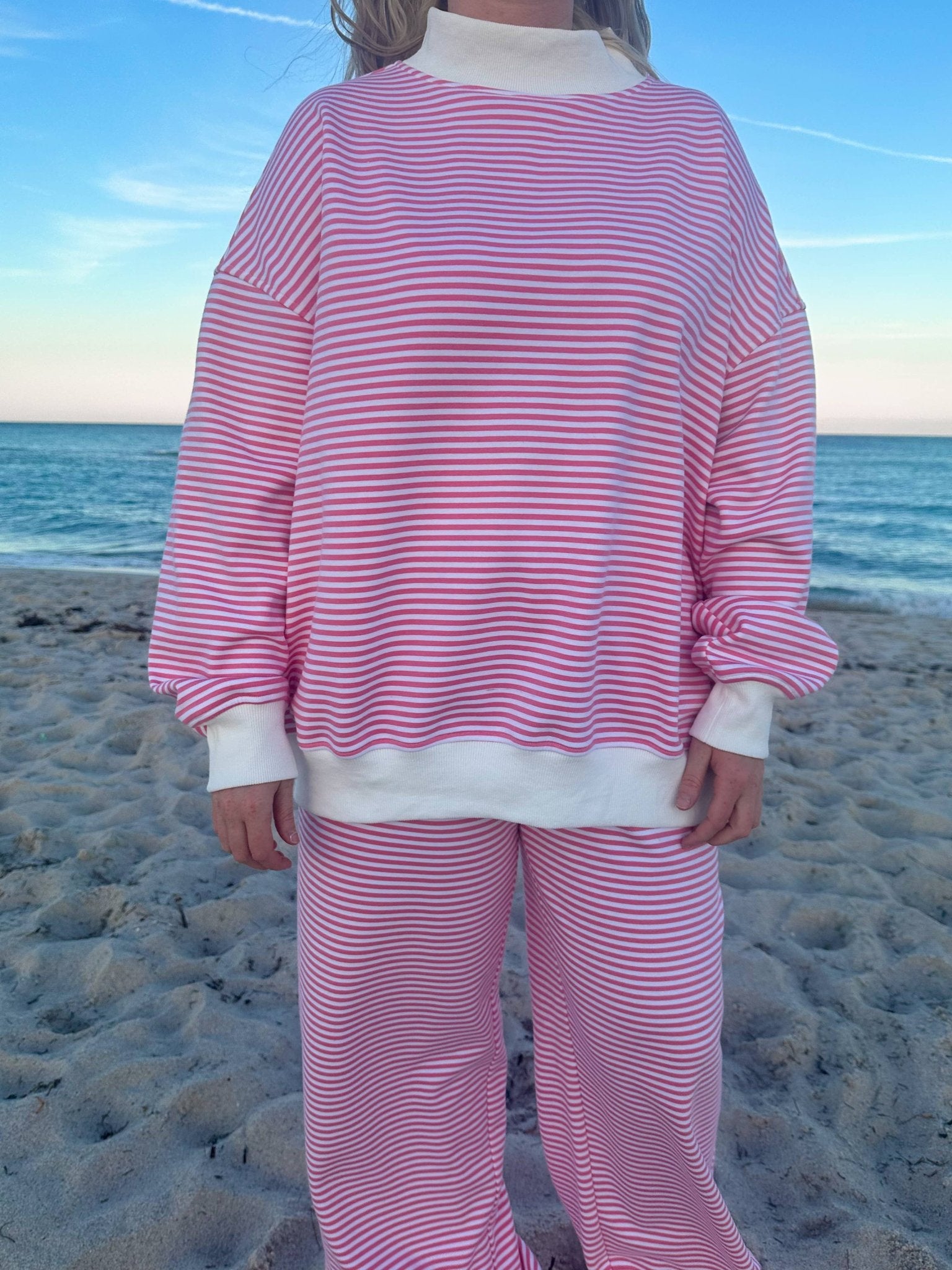 Dark Pink and White Big Striped Mockneck Sweatshirt - The Bronze Butterfly
