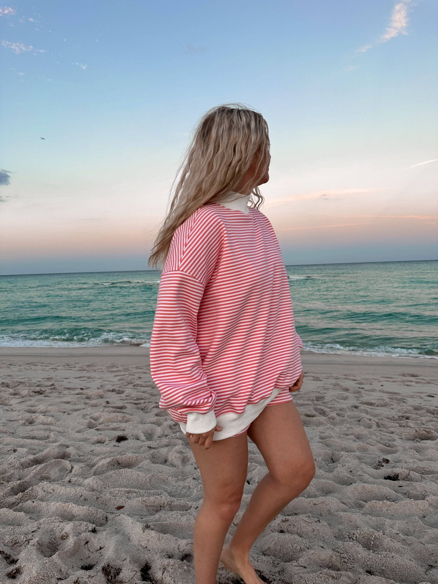 Dark Pink and White Big Striped Mockneck Sweatshirt - The Bronze Butterfly