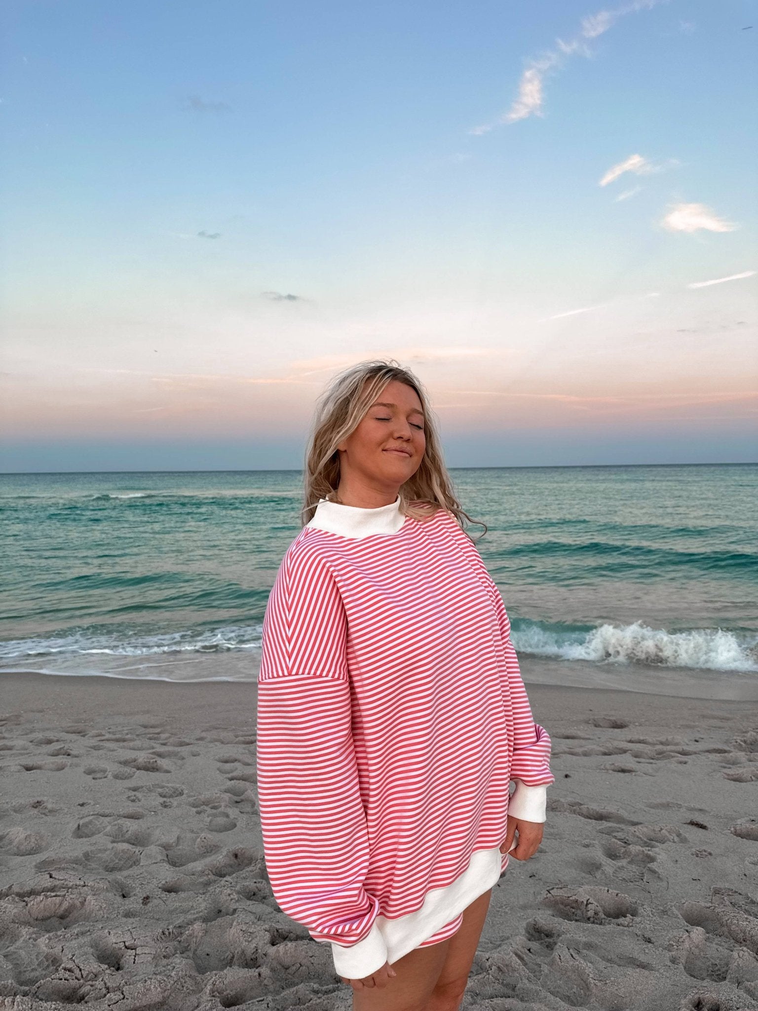 Dark Pink and White Big Striped Mockneck Sweatshirt - The Bronze Butterfly