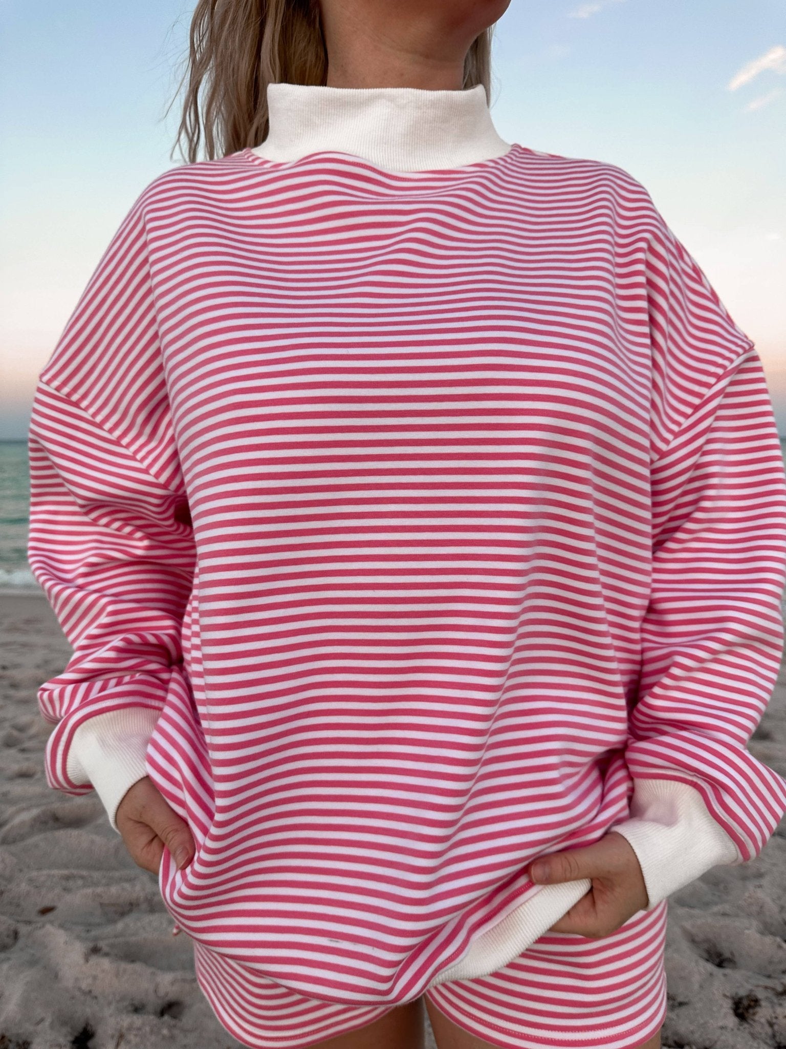 Dark Pink and White Big Striped Mockneck Sweatshirt - The Bronze Butterfly