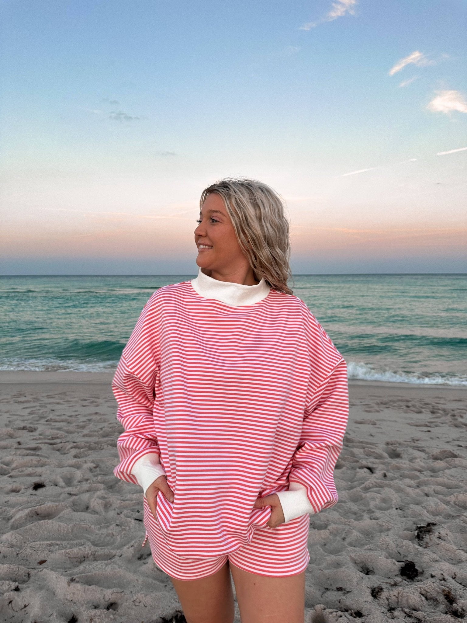 Dark Pink and White Big Striped Mockneck Sweatshirt - The Bronze Butterfly