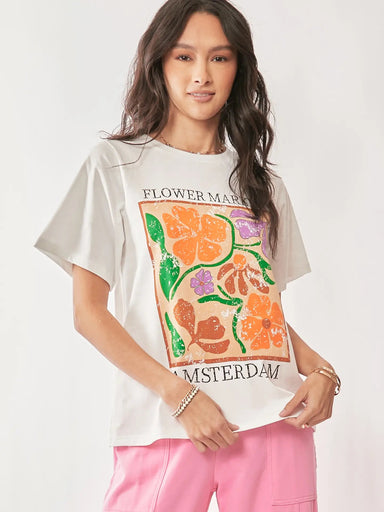 Davi & Dani Flower Market Floral Graphic Knit Top | White - The Bronze Butterfly