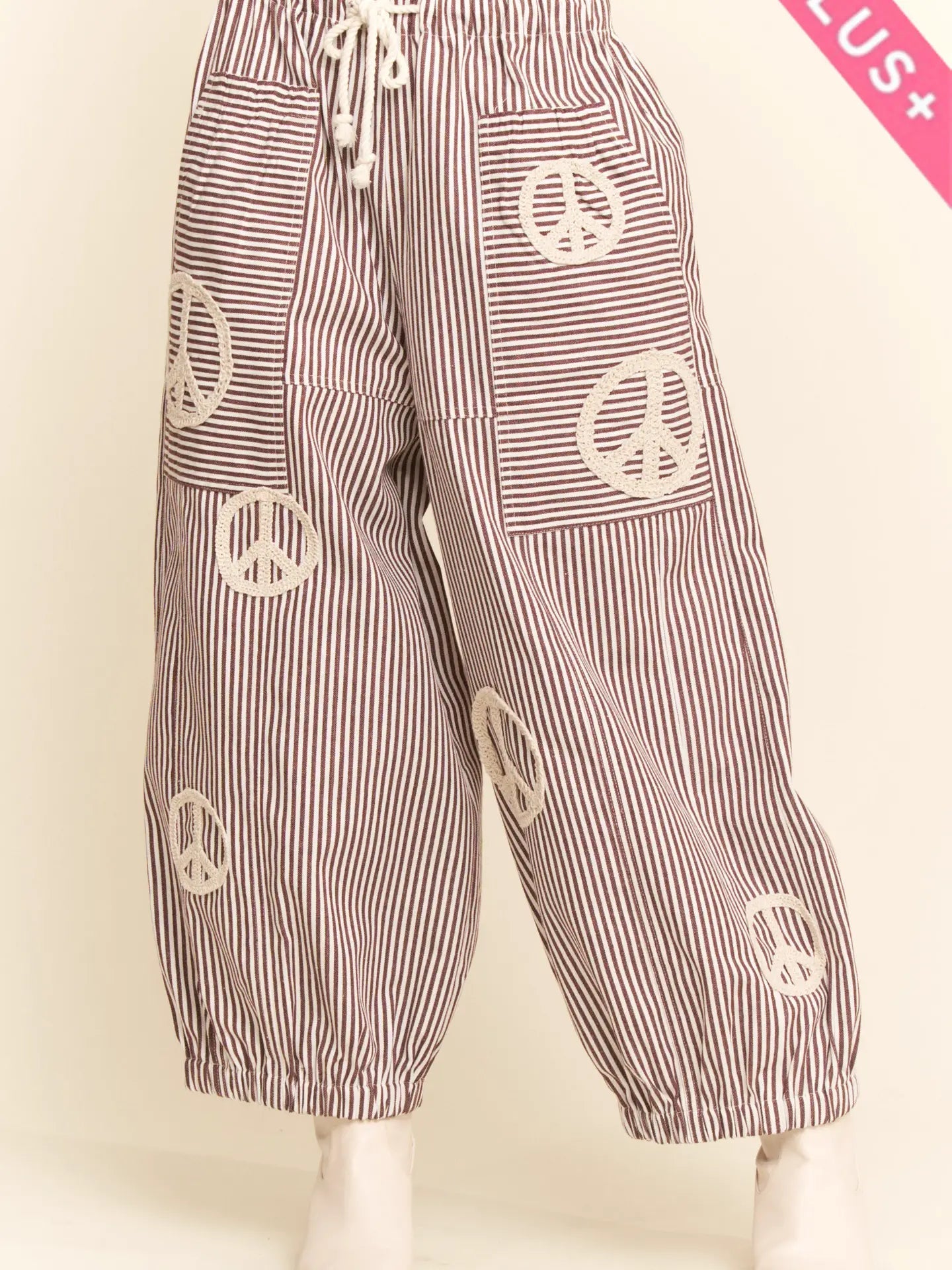 Davi & Dani Peace Sign Pinstripe Wide-Leg Palazzo Pant | Burgundy | Plus Size - The Bronze Butterfly