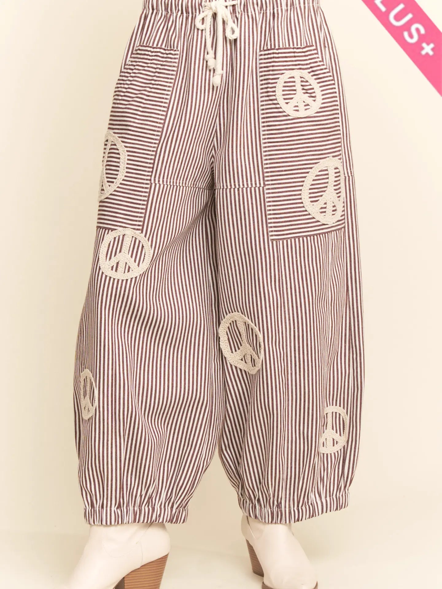 Davi & Dani Peace Sign Pinstripe Wide-Leg Palazzo Pant | Burgundy | Plus Size - The Bronze Butterfly