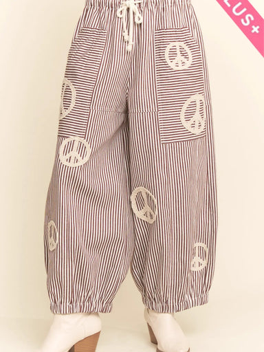Davi & Dani Peace Sign Pinstripe Wide-Leg Palazzo Pant | Burgundy | Plus Size - The Bronze Butterfly