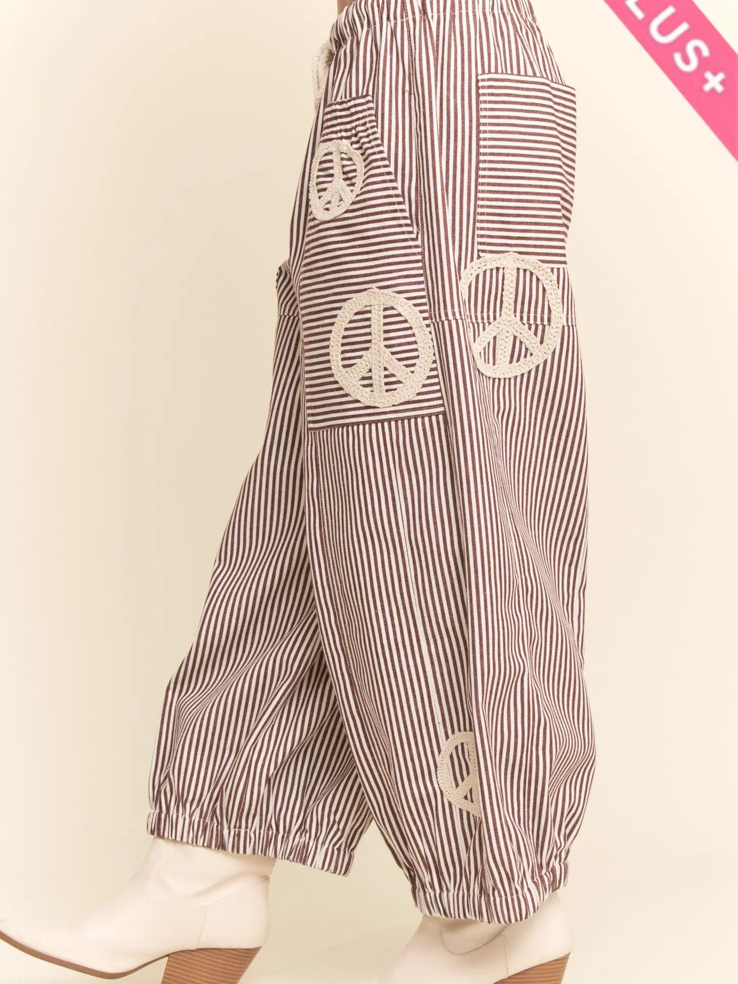 Davi & Dani Peace Sign Pinstripe Wide-Leg Palazzo Pant | Burgundy | Plus Size - The Bronze Butterfly