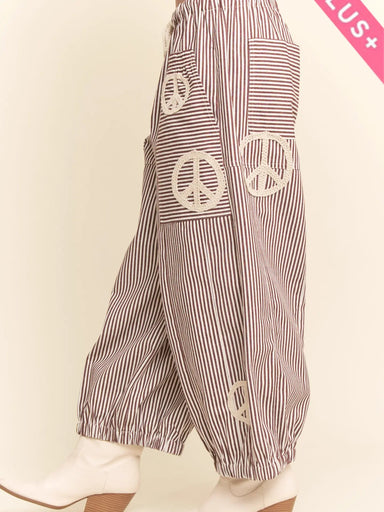 Davi & Dani Peace Sign Pinstripe Wide-Leg Palazzo Pant | Burgundy | Plus Size - The Bronze Butterfly