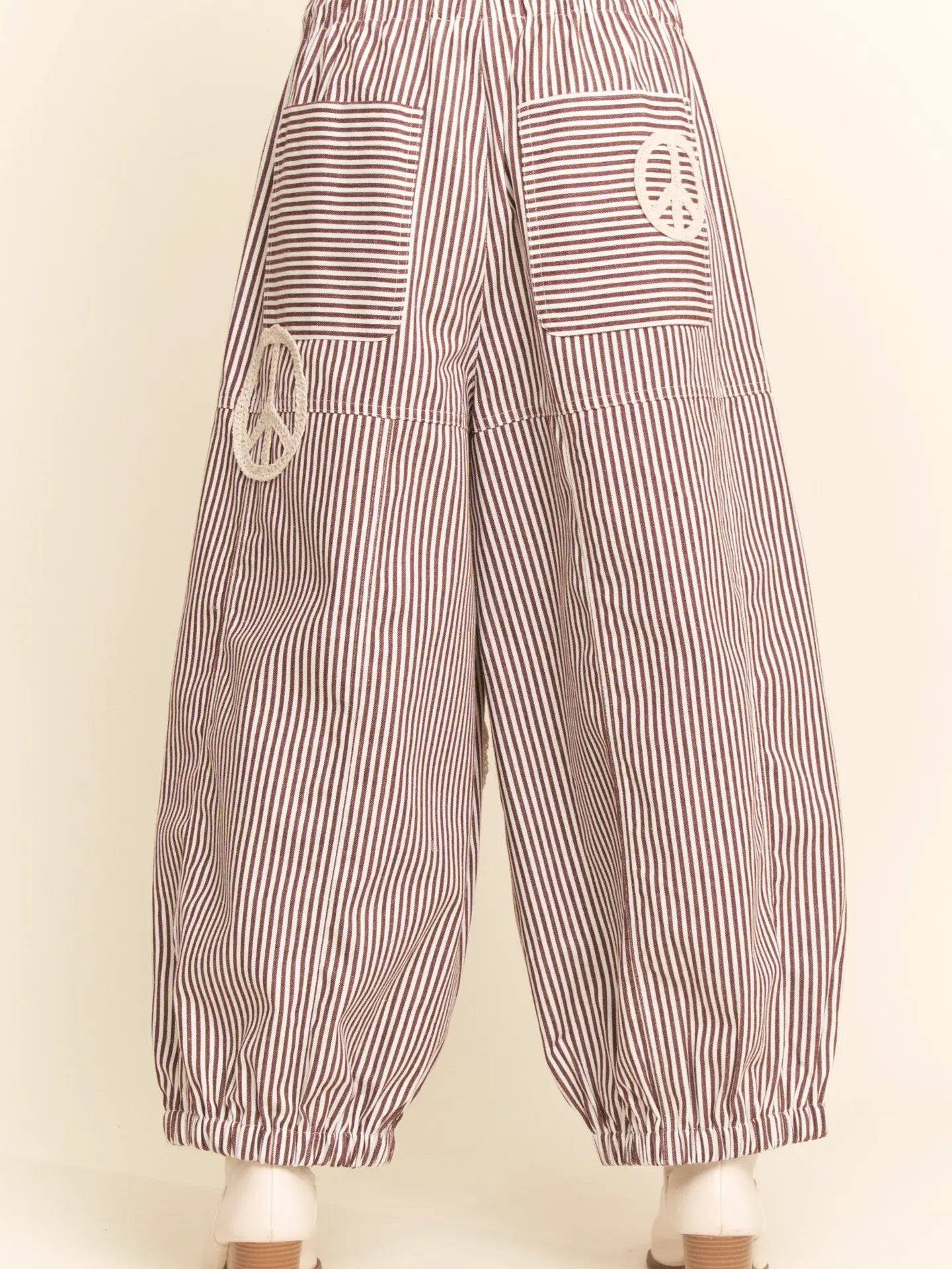 Davi & Dani Peace Sign Pinstripe Wide-Leg Palazzo Pant | Burgundy | Plus Size - The Bronze Butterfly