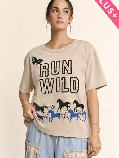 Davi & Dani Run Wild Horse Graphic Mineral Wash Top | Beige | Plus Size - The Bronze Butterfly