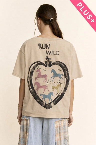Davi & Dani Run Wild Horse Graphic Mineral Wash Top | Beige | Plus Size - The Bronze Butterfly