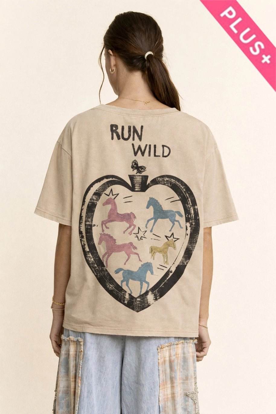 Davi & Dani Run Wild Horse Graphic Mineral Wash Top | Beige | Plus Size - The Bronze Butterfly