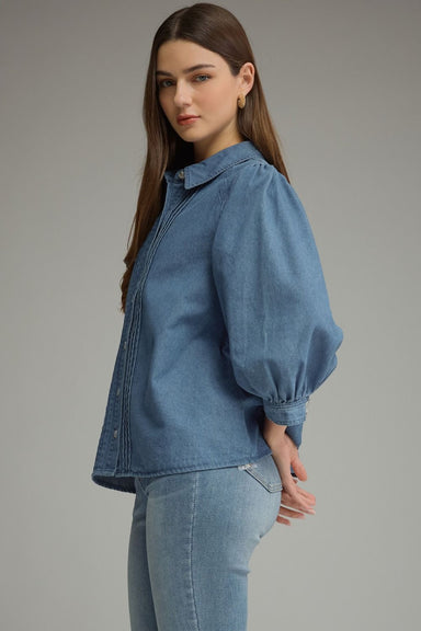 Denim Pintuck Balloon Sleeve Top | Entro - The Bronze Butterfly