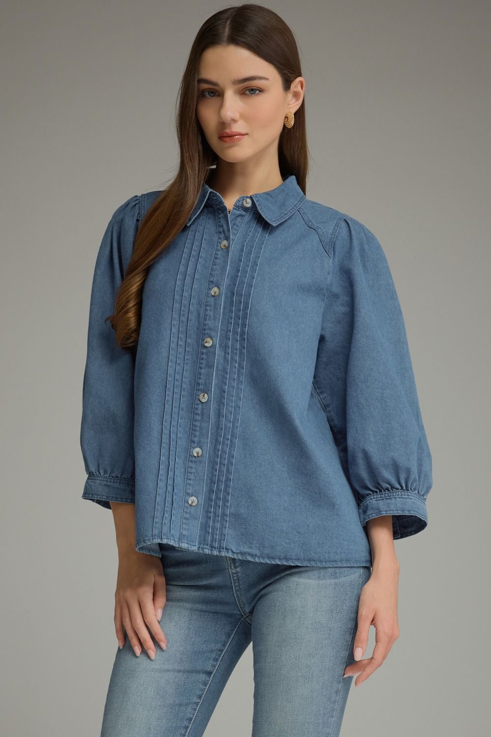 Denim Pintuck Balloon Sleeve Top | Entro - The Bronze Butterfly