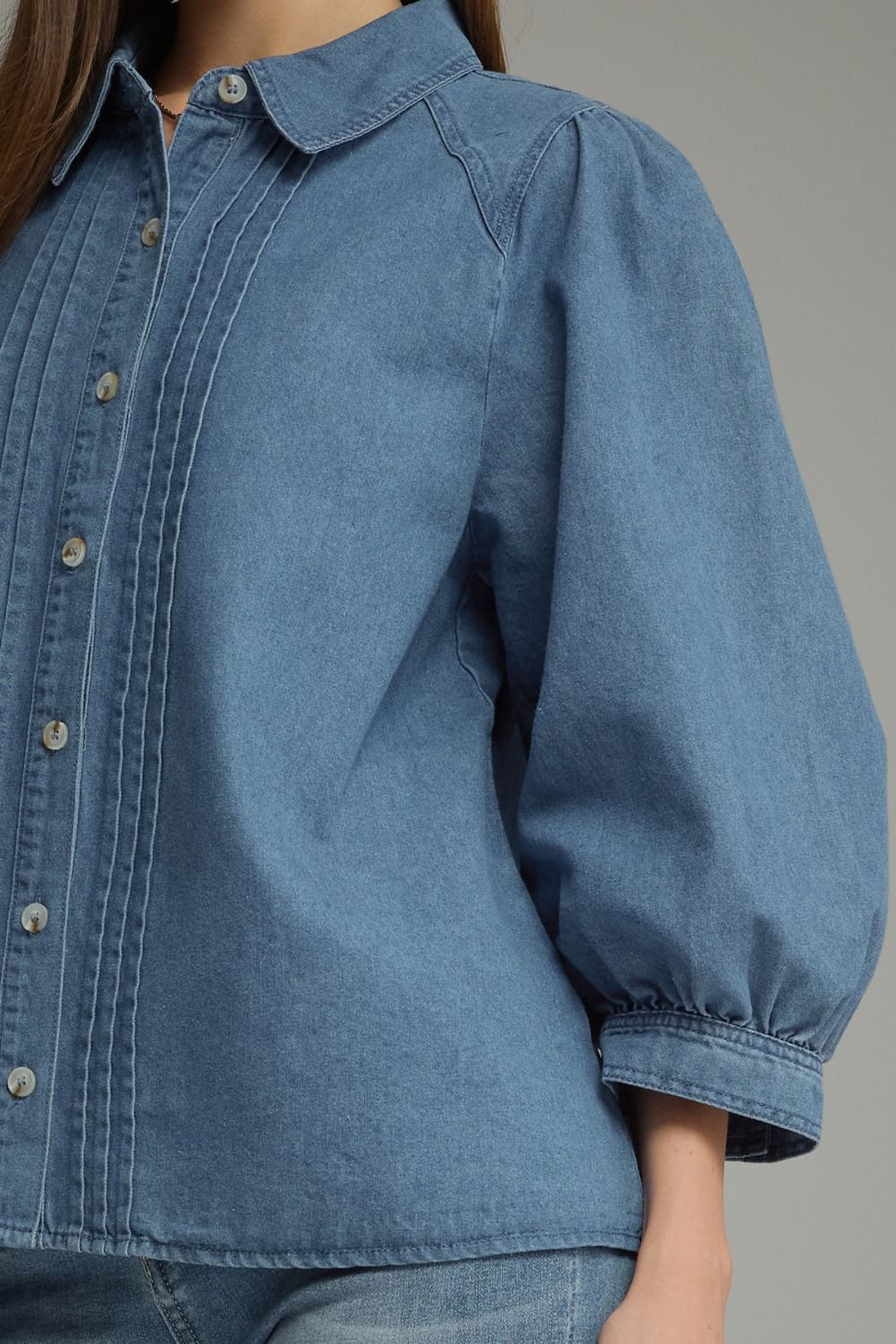 Denim Pintuck Balloon Sleeve Top | Entro - The Bronze Butterfly