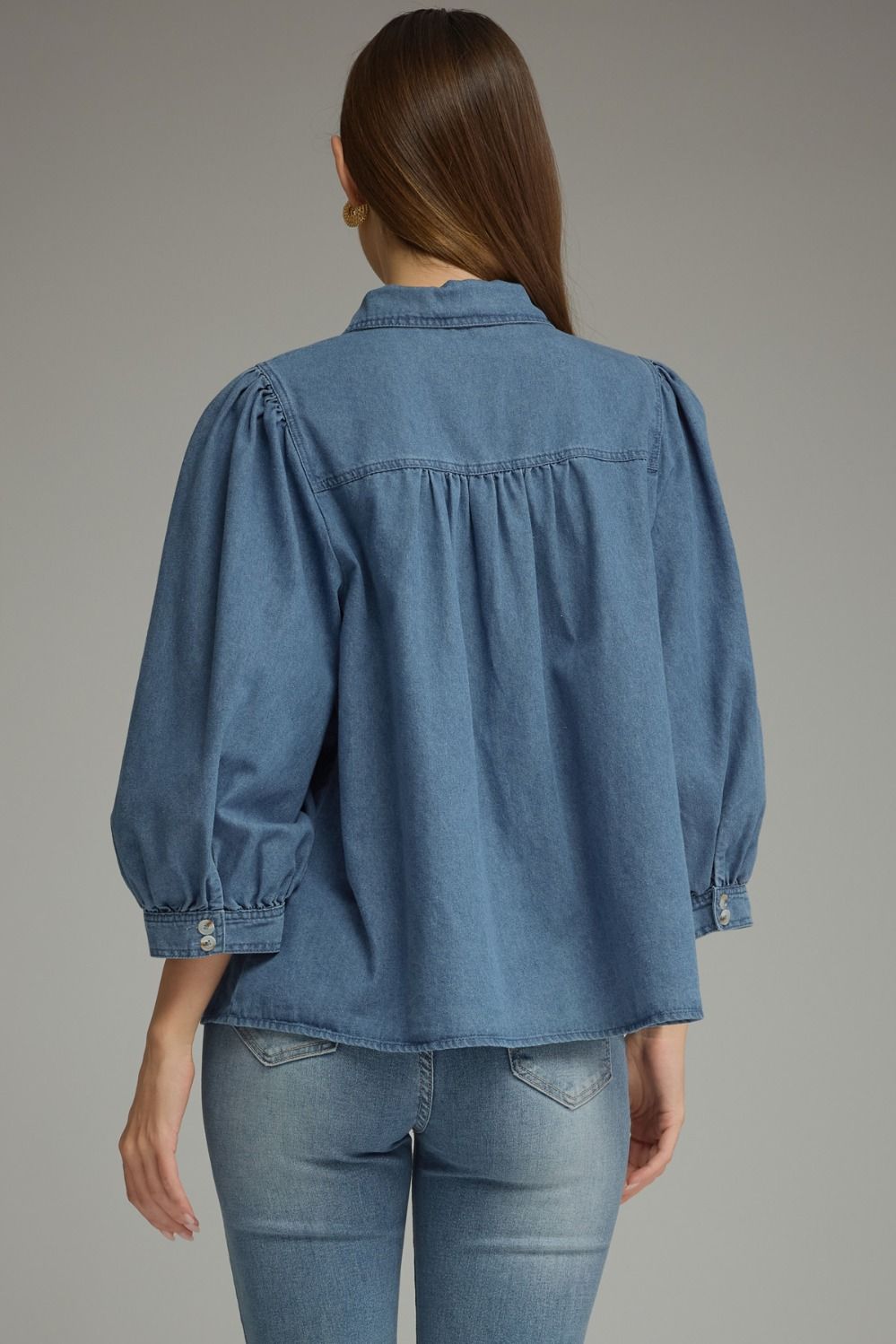 Denim Pintuck Balloon Sleeve Top | Entro - The Bronze Butterfly
