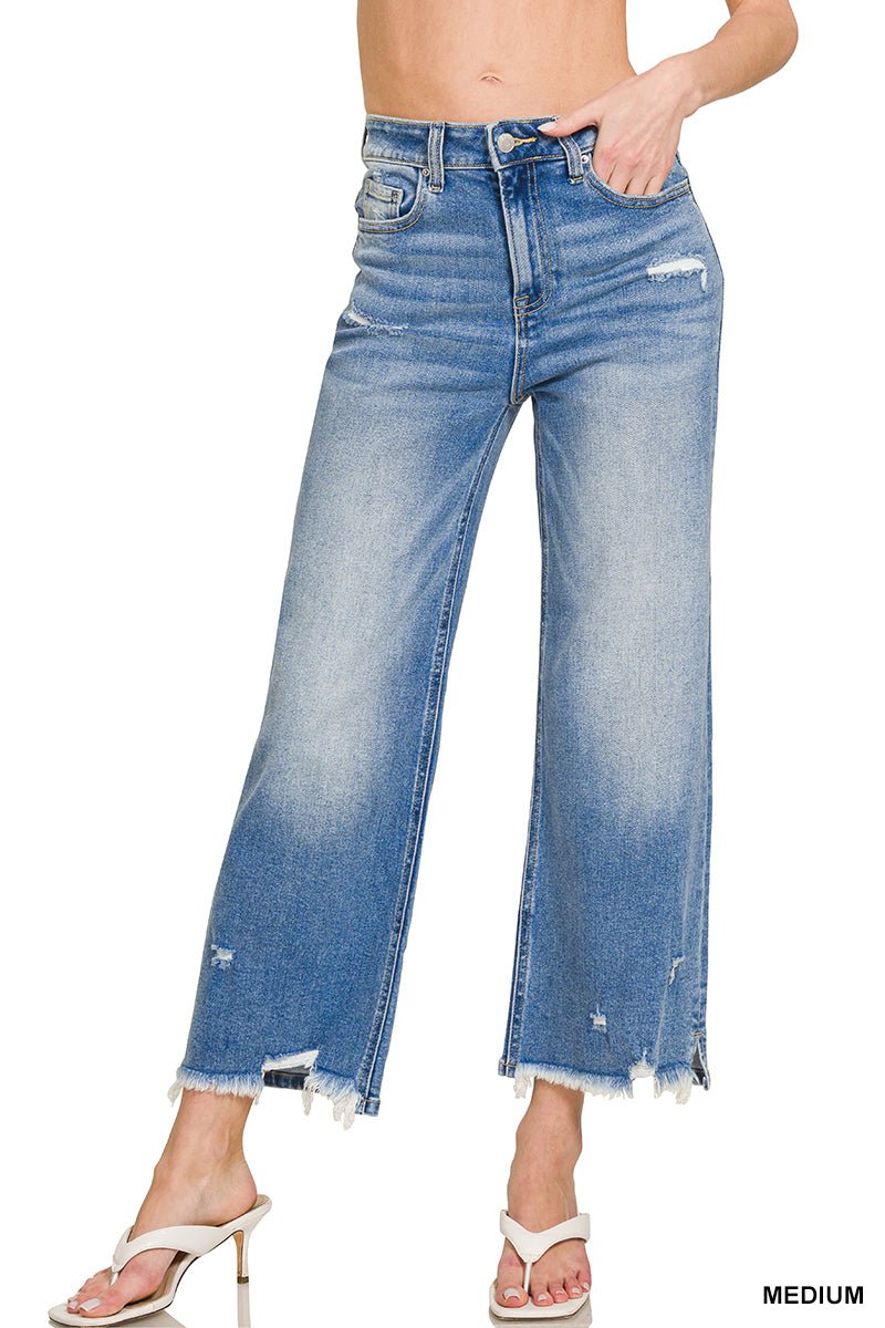 DISTRESSED RAW HEM DENIM PANTS - The Bronze Butterfly