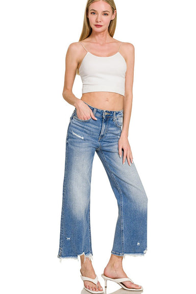 DISTRESSED RAW HEM DENIM PANTS - The Bronze Butterfly