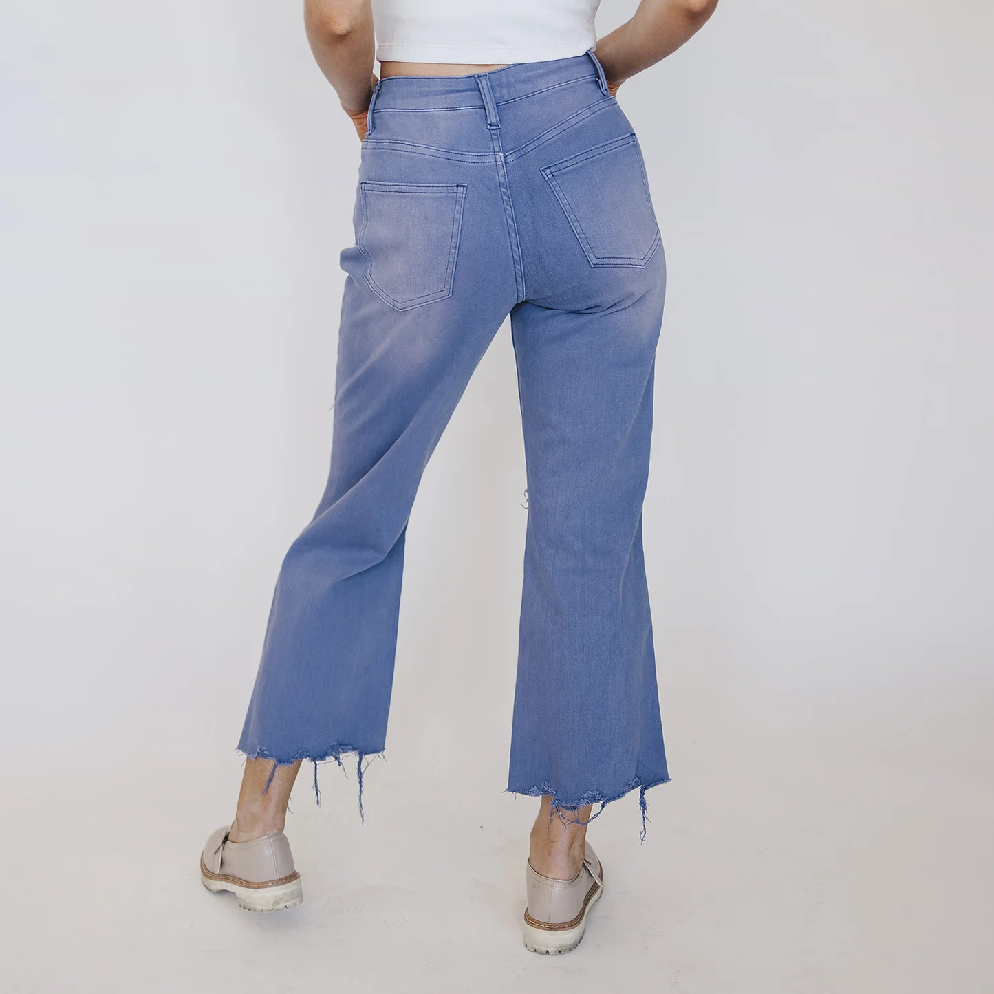 Hi-Rise Distressed Garment-Dyed Cropped Wide Leg Jean